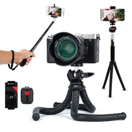Fotopro Kamera Handy Stativ, Upgrade Flexibles Einziehbares Reisestativ mit Bluetooth Steuerung und Smartphone Klemme für Camera,Gopro Action Cam & Smartphone - 1