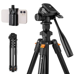 K&F Concept 162cm Video Stativ, Neues Leichtes Reisestativ mit 3-Wege-Kopf, Alu Kamera Stativ für DSLR Kamera, Dreibein Stativ für Smartphone mit Handyhalterung - 1